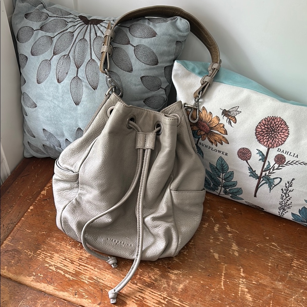 Leather Drawstring Hobo Bag in Light Gray